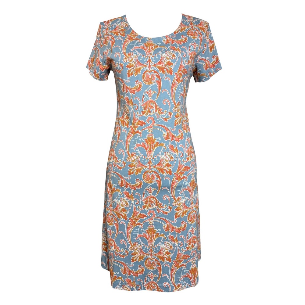 Peruvian Connection Dress M Blue Orange Paisley Pima Cotton Knit Boho Preppy
